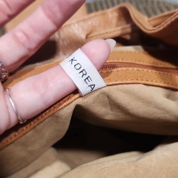 Vintage RARE Brio Taupe/Olive Knit Camel Leather Drawstring Bucket Satchel - Picture 10 of 16